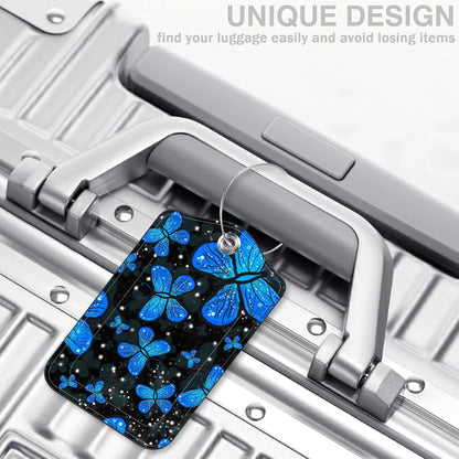 2 Pack Luggage Tags for Suitcases Blue Butterfly Leather Luggage Tags Privacy Cover ID Label with Stainless Steel Loop and Address Card for Women Men Travel Bag Backpack