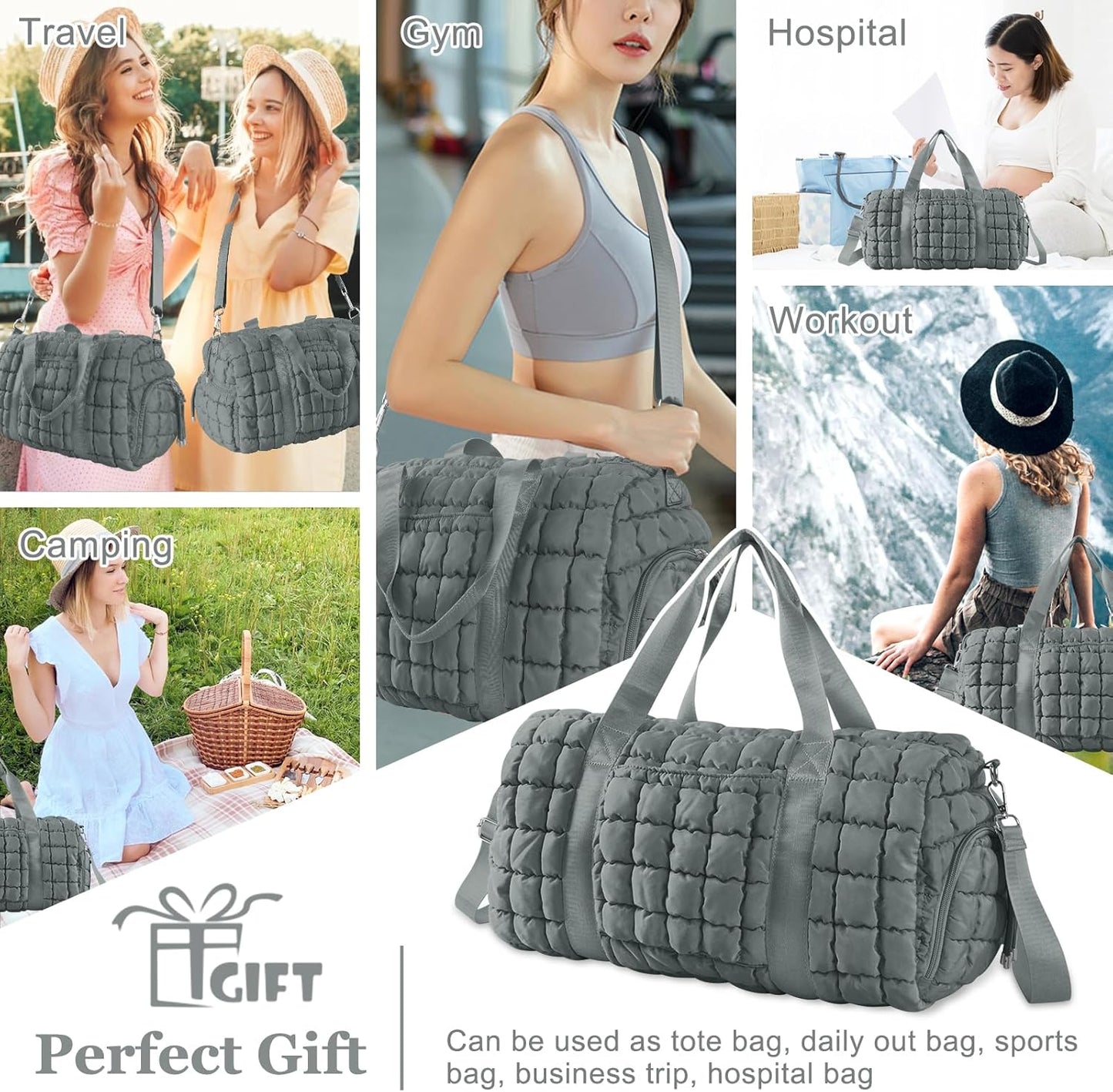 Quilted Travel Duffle Bag Gym Bag for Women,Large Puffer Duffle Weekender Bag with Compartment,Workout Overnight Carry on Organizer Bag Duffle Bag for Airplane Travel(Grey)
