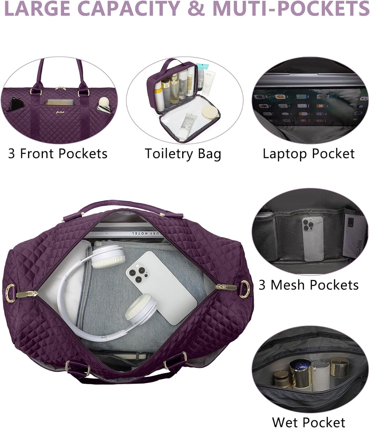 Weekender Travel Duffle Bag for Women - Carry on Bag with Shoe Compartment Overnight Bags with Toiletry Bag Wet Pocket Weekend Traveling Yoga Gym Hospital Bags for Labor and Delivery Purple