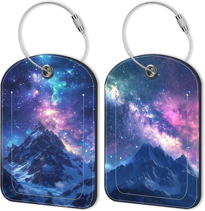 2 Pack PU Luggage Tags for Suitcase, Mountain Under Starry Sky Suitcase Tag Leather ID Label Bag Tags with Privacy Cover and Metal Loop for Men Women Travel Bag
