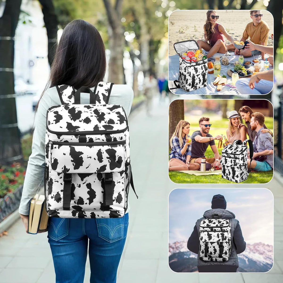 Cooler Backpack Soft Insulated Leak Proof 30 Cans Insulated Backpack Cooler Portable Picnic Camping Beach Hiking BBQ Lunch Backpack for Men and Women -Cow Color