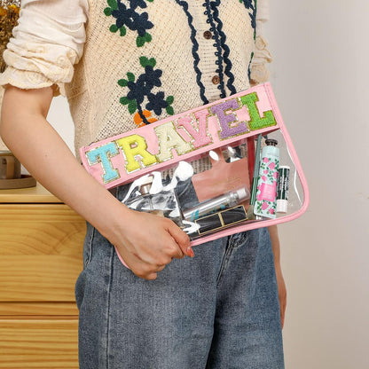 DYSHAYEN Chenille Letter Clear Zipper Pouch for Travel,Nylon Clear Cosmetic Bag,Makeup Travel Bag for Women Girls 11.8 Inches x 8.2 Inches