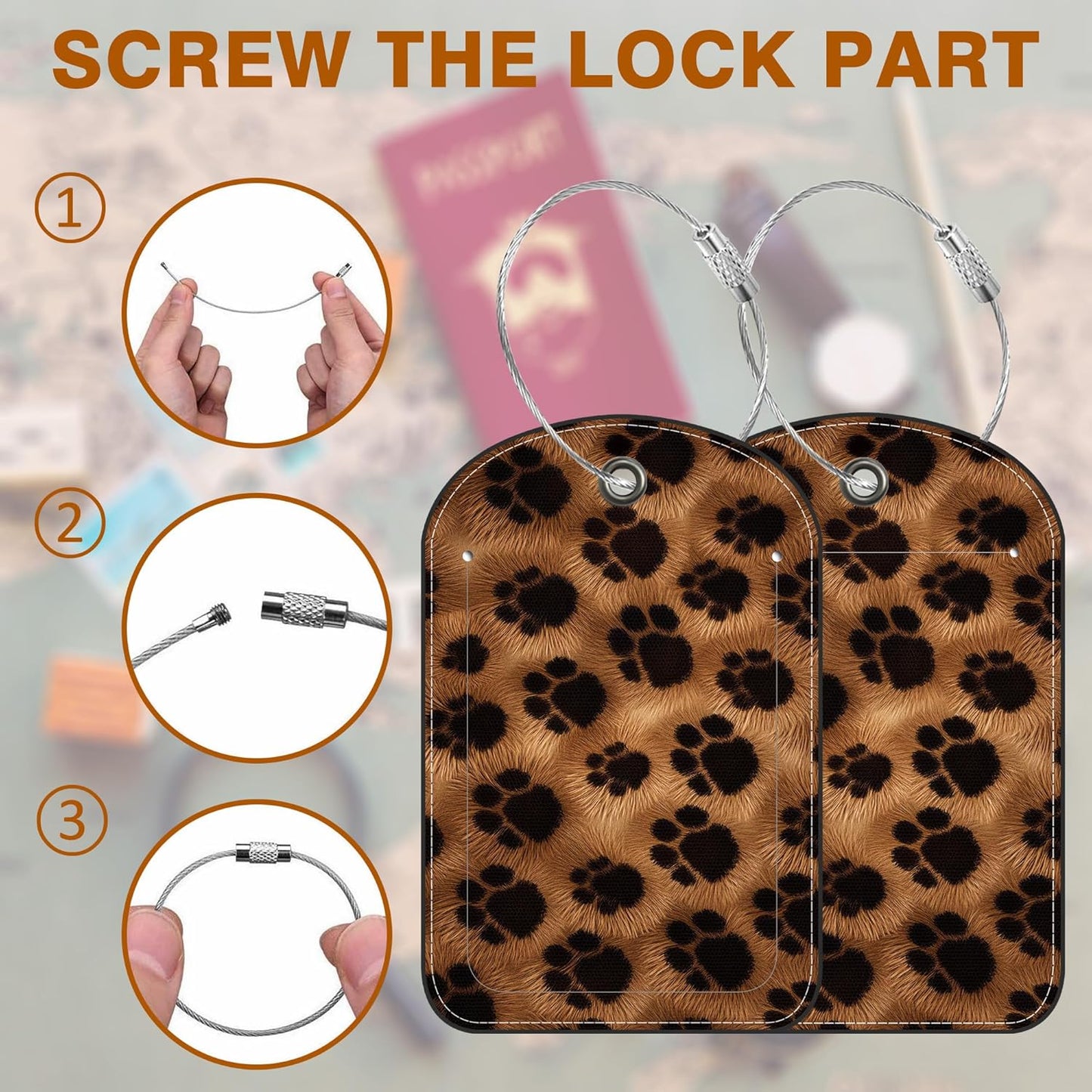 Brown Black Animal Print Paw Prints Leather Luggage Tag for Suitcase 2 Pack Luggage Tag with Privacy Name ID Label and Stainless Steel Loop for Travel Bag Suitcase