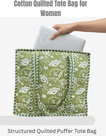 Cotton Quilted Tote Bag for Women – Large Beach & Travel Tote with Zipper, Reusable Grocery Bag