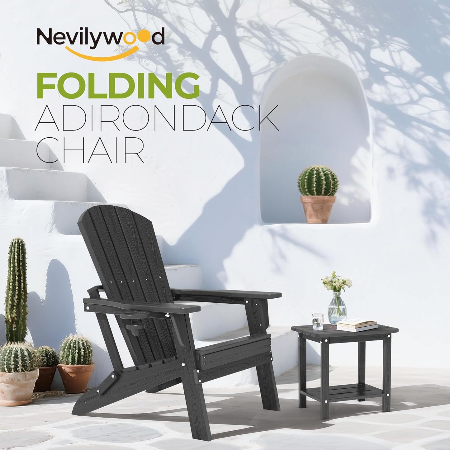 Folding Adirondack Chair - Extended Ergonomic Backrest, Cup Holder - Easy Assembly - Durable HDPE Plastic, Weather Resistant & Maintenance-Free - Lawn, Patio, Deck Supports 380lbs Black