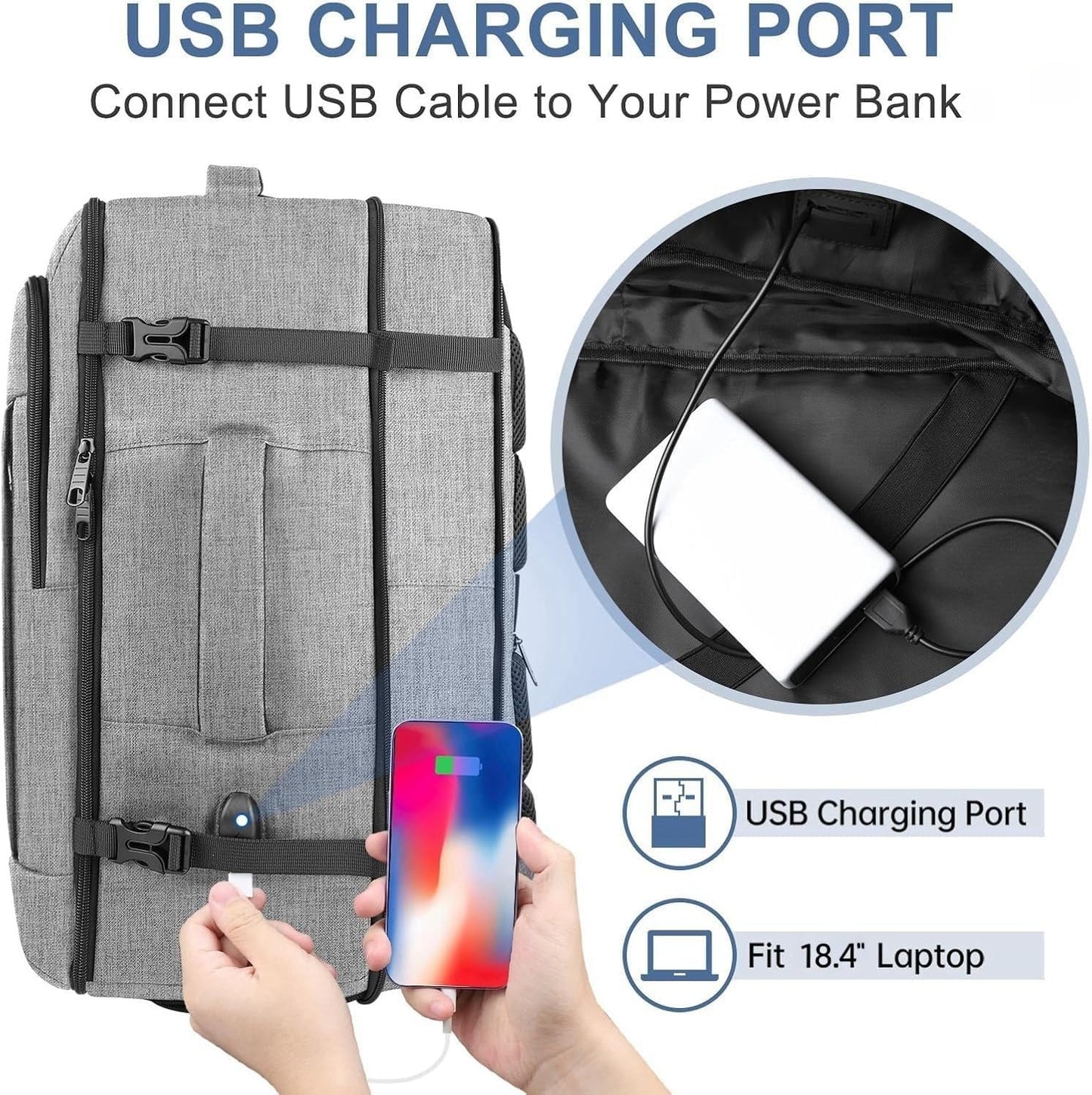 55L Carry On Backpack, Extra Large Travel Backpack for Men & Women, Expandable Big Capacity For Airplanes, Travel Gifts for Men Women, Fits 18.4 Inch Laptop, Luggage Suitcase Daypack Bag, Grey