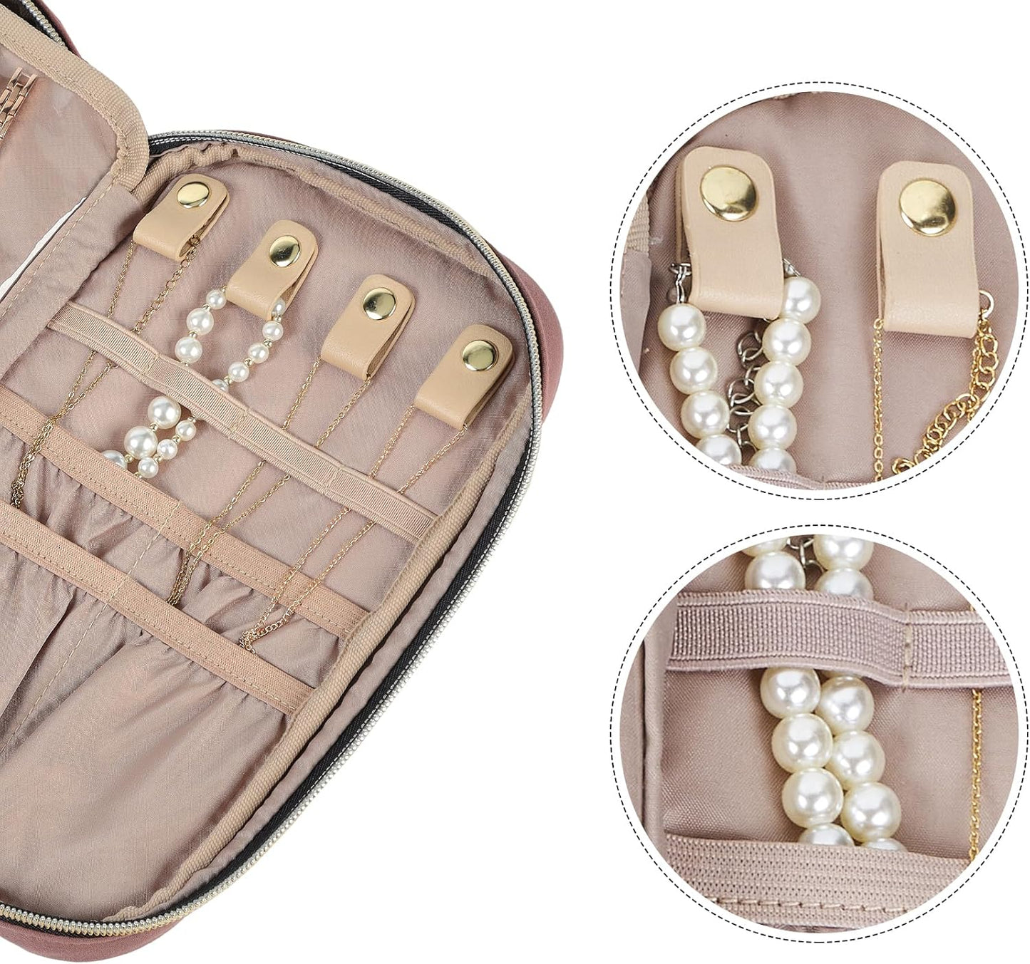NISHEL Travel Jewelry Case, Holiday Organizer for Necklaces, Earrings, Rings, Bracelets, Watch, Rosewood-Pink