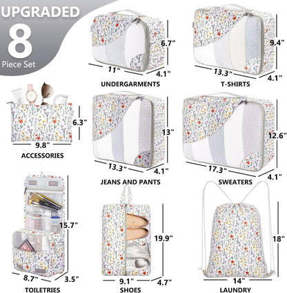 8 Set Packing Cubes for Travel, Gifts for Women Mom,Anti-Tearing Suitcase Organizer for Luggage with Shoe & Hanging Toiletry Bag,OlarHike Vacation Essentials & Accessories for Cruise Ship,Flower