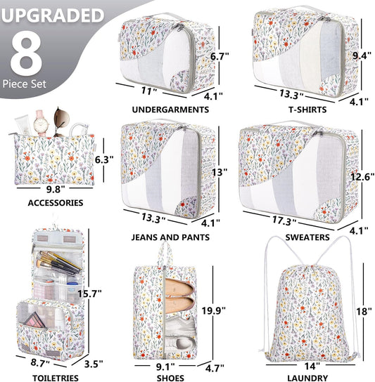 8 Set Packing Cubes for Travel, Gifts for Women Mom,Anti-Tearing Suitcase Organizer for Luggage with Shoe & Hanging Toiletry Bag,OlarHike Vacation Essentials & Accessories for Cruise Ship,Flower