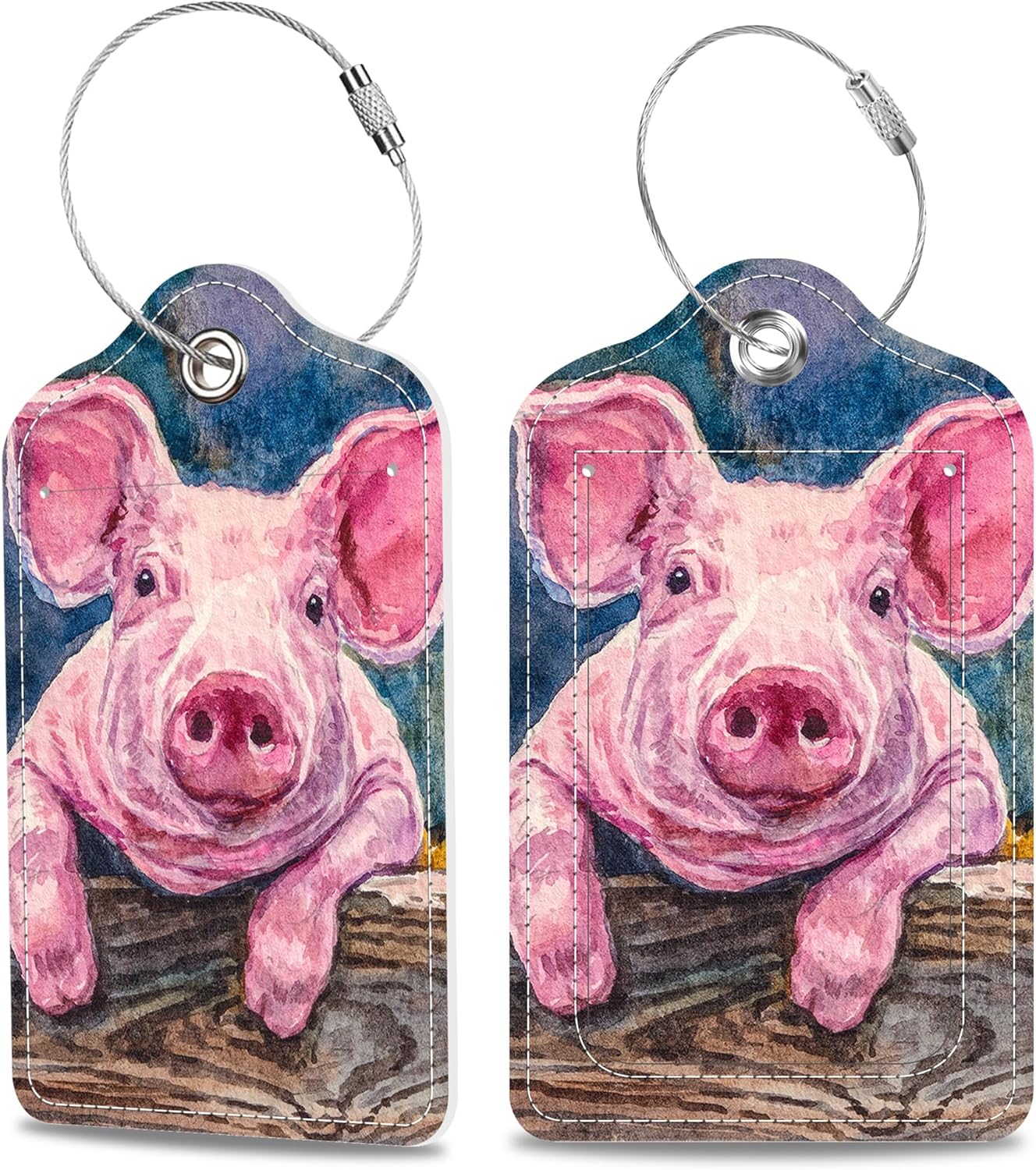 Set of 2 Luggage Tags Cute Baby Piggy Leather Suitcases Tag with Privacy Cover Stainless Steel Loop and Address Card for Women Men Travel