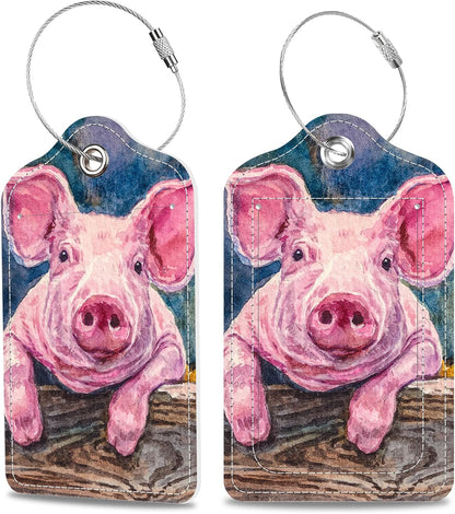 Set of 2 Luggage Tags Cute Baby Piggy Leather Suitcases Tag with Privacy Cover Stainless Steel Loop and Address Card for Women Men Travel