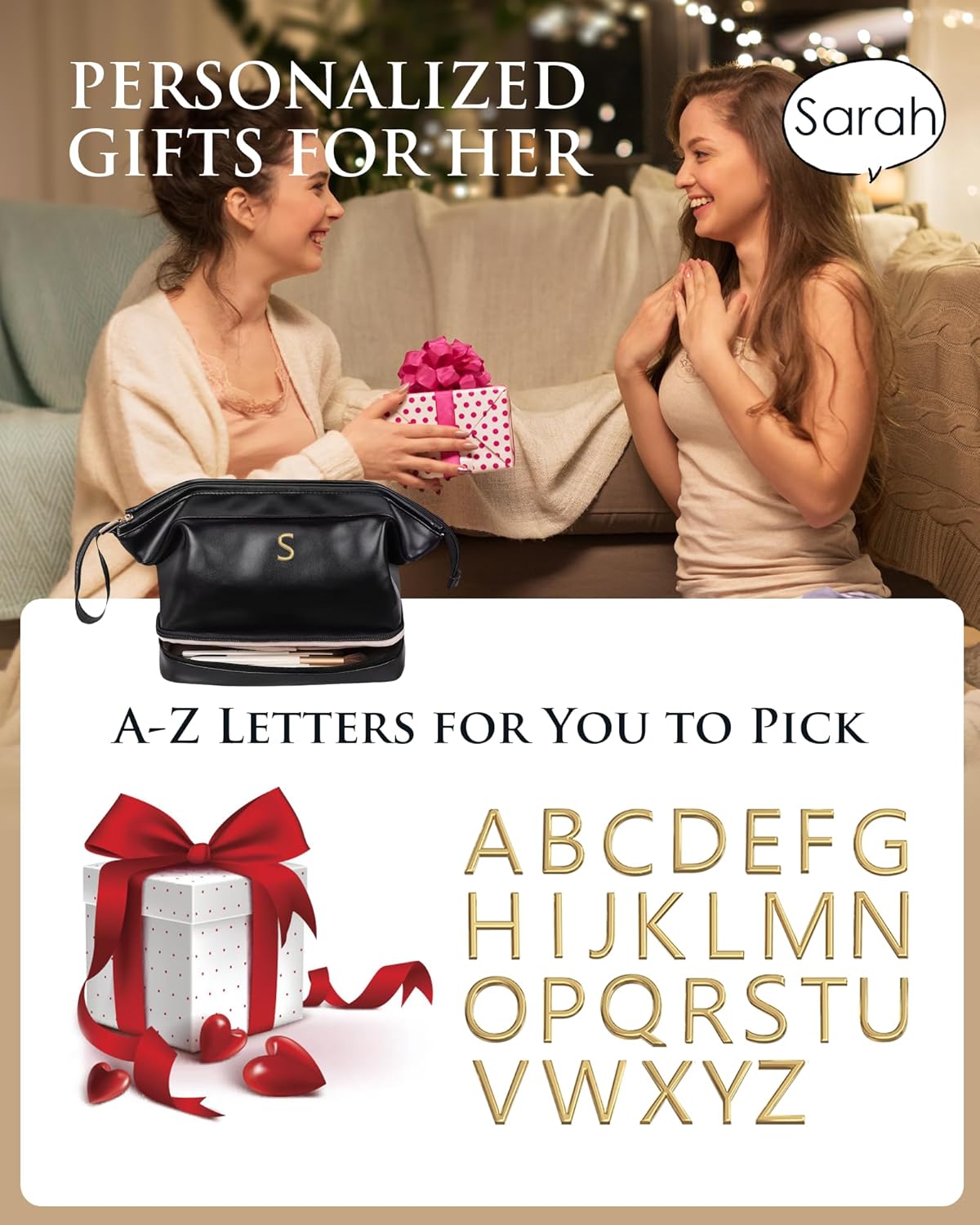 Birthday Gifts for Girls, Initial Large Makeup Bags, Personalized Double Layer Cosmetic Bag with Makeup Brush Organizer,Toiletry Bag, Gifts for Women Girlfriend Friends Female Mom Sister