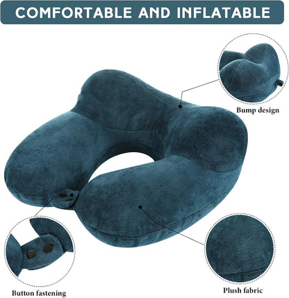 Sintuff 2 Pack Inflatable Travel Pillow for Airplanes Inflatable Neck Flight Pillows with Compact Bag and Blindfold for Traveling, Airplane, Train, Car, Office(Peacock Green and Black)