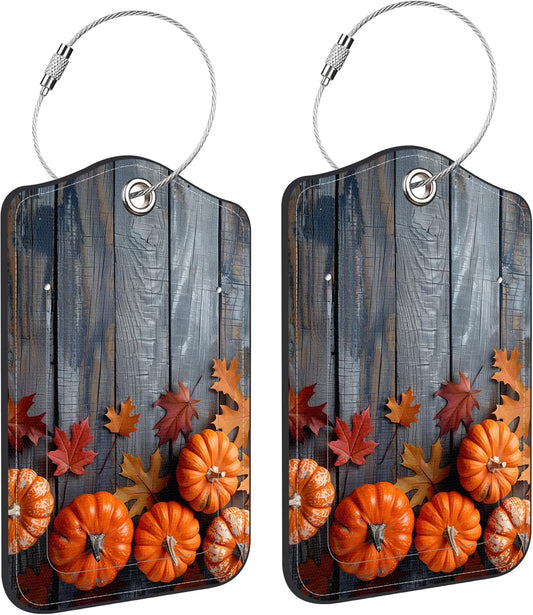 2 Pack Luggage Tag for Suitcase Thanksgiving Day Pumpkins Autumn Leaves Leather Suitcase Tags with Privacy Name ID Label and Stainless Steel Loop for Travel Bag