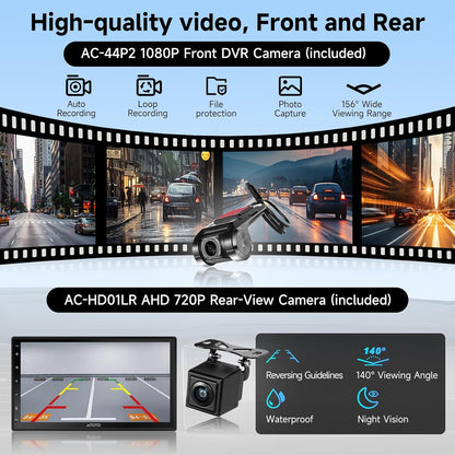 A5L Android Double Din Car Stereo with Backup Camera & DVR Dashcam, 7 Inch Wireless CarPlay Android Auto, AI-Chat, GPS Navigation, Wi-Fi/BT/USB, 24 EQ DSP, 2G+32G