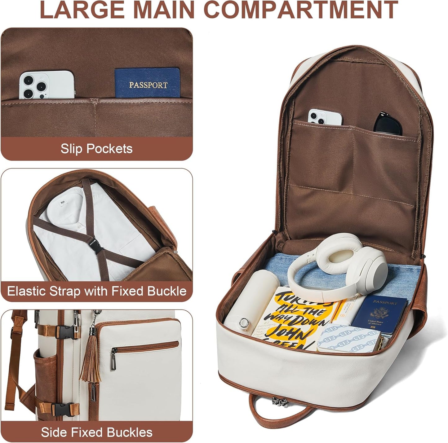 Shrrie Laptop Backpack for Women,Vegan Leather Backpack Work Computer Backpacks fits 16" Laptop,Water Resistant Teacher Nurse Casual Daypack for Weekender Camping Travel,Beige with Brown