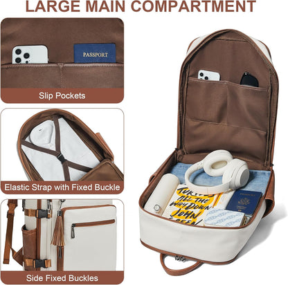 Shrrie Laptop Backpack for Women,Vegan Leather Backpack Work Computer Backpacks fits 16" Laptop,Water Resistant Teacher Nurse Casual Daypack for Weekender Camping Travel,Beige with Brown