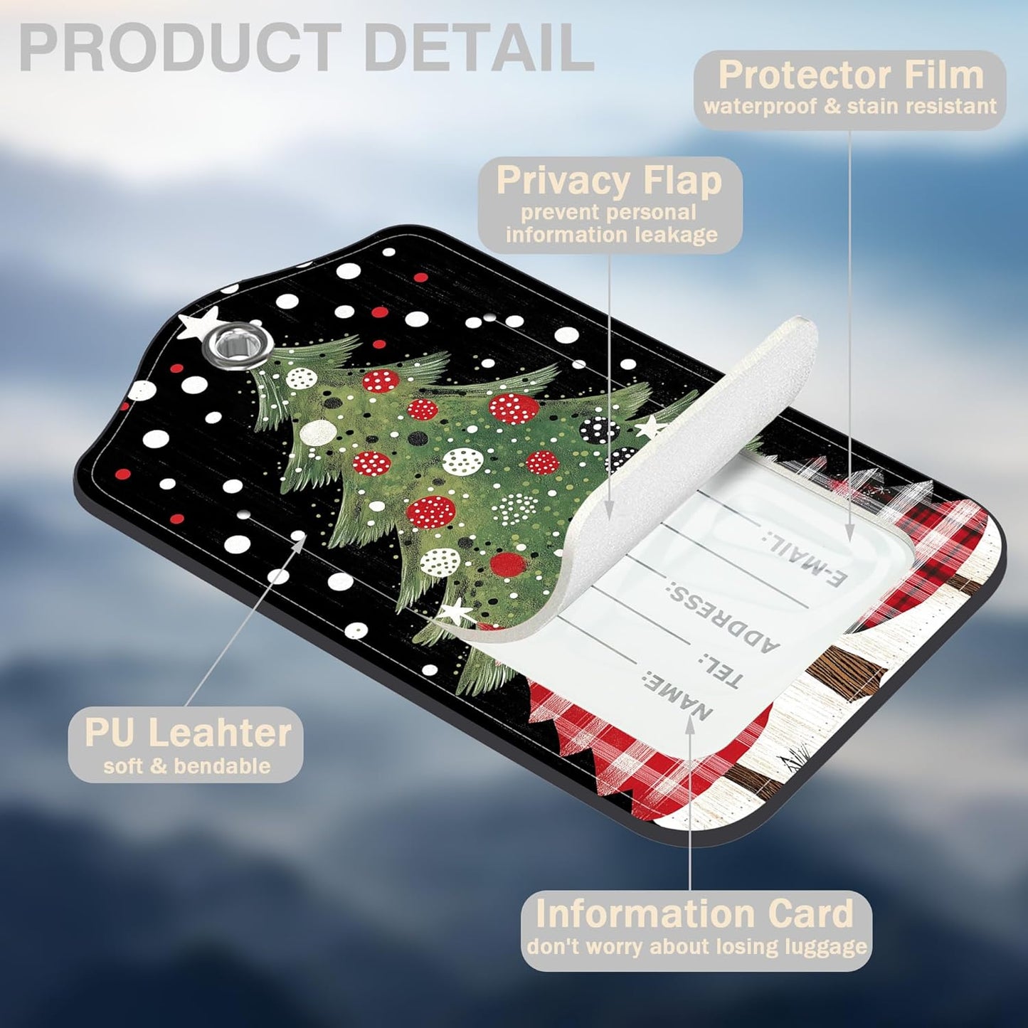 2 Pack Luggage Tags for Suitcases Christmas Tree Leather Luggage Tags Privacy Cover ID Label with Stainless Steel Loop and Address Card for Women Men Travel Bag Backpack