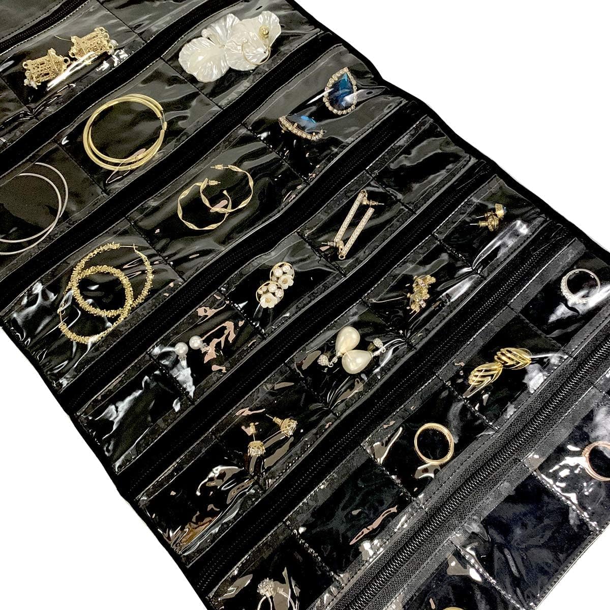 Travel Jewelry Roll Bag Portable Organizer Pouch With Grids&PVC Cover Storage Bags for Necklace, Bracelet, Bracelet,Ring, Badge, Pendant