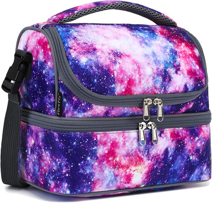 FlowFly Double Decker Cooler Insulated Lunch Bag Large Tote for Boys, Girls, Men, Women, With Adjustable Strap,Galaxy