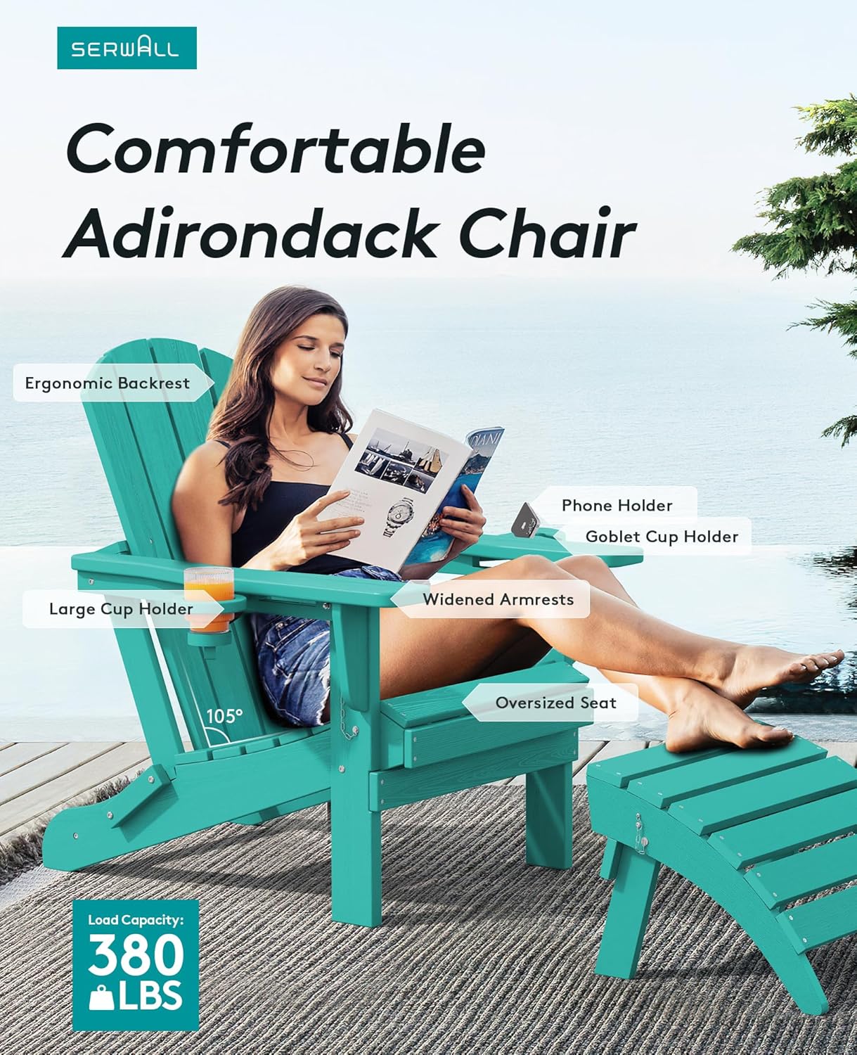 SERWALL Adirondack Chair with Cup Holders - Composite Adirondack Chairs Set of 6 HDPE Outdoor Chairs All Weather Use- Aruba