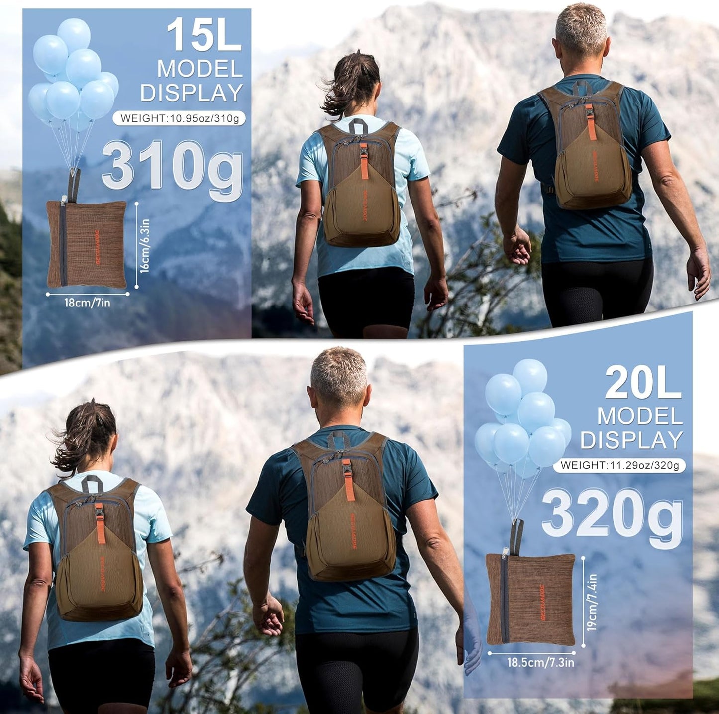 15L Small Hiking Backpack for Men Women Foldable Packable Back Pack Ultralight Hiking Daypack for Travel Camping Outdoor, Chocolate Brown