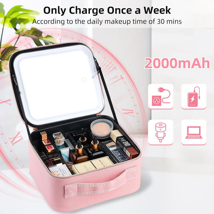 Travel Makeup Bag with LED Mirror – Waterproof Cosmetic Train Case with Adjustable Dividers, Portable Makeup Organizer and Toiletry Bag for Women, Teens & Girls Gift, Pink