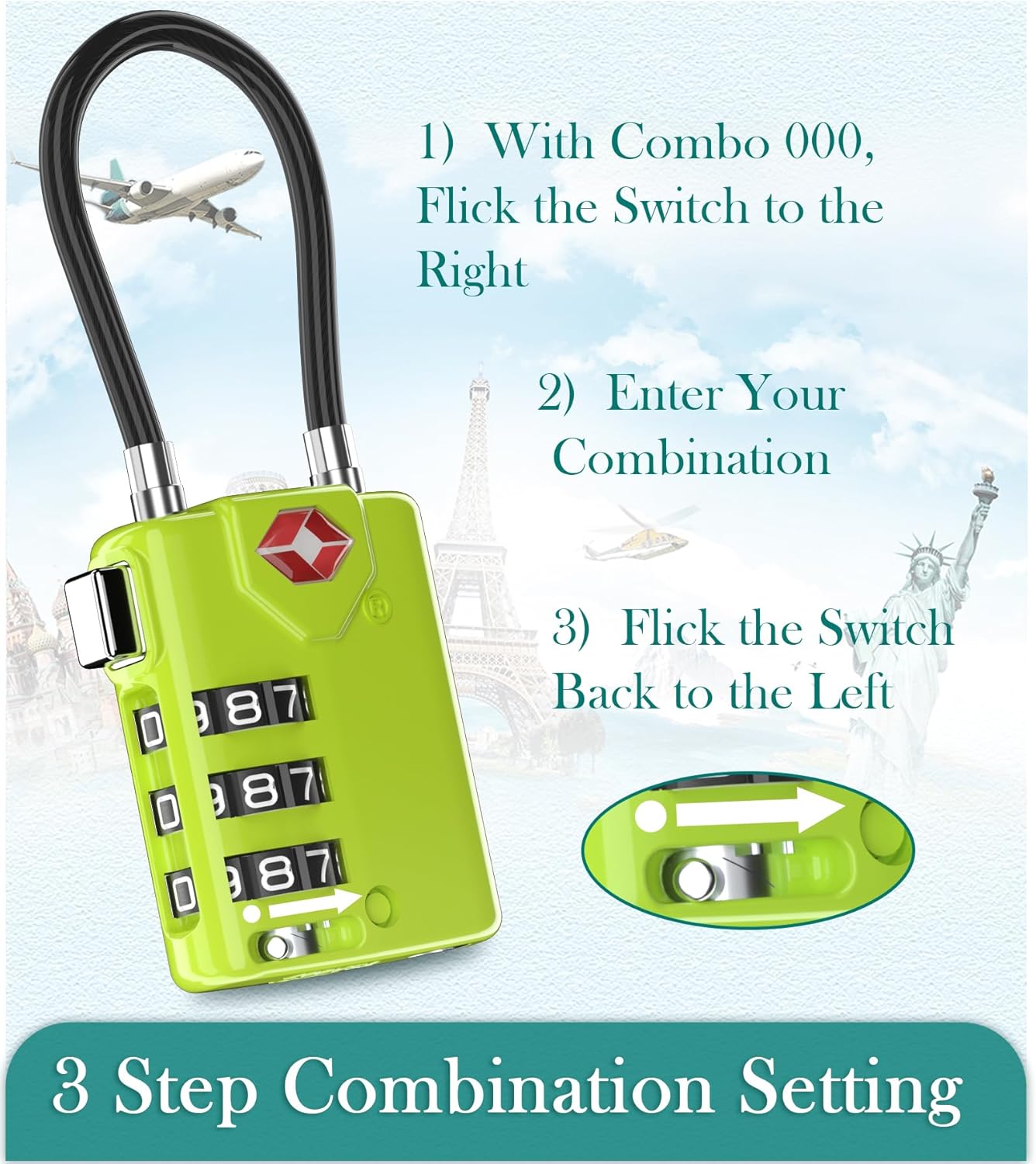 Search Alert TSA Approved Travel Combination Luggage Cable Locks for Suitcase, Gym Locker,Toolbox,Backpack 1,2,4,6 &10 pk (Lime 2 Pack)