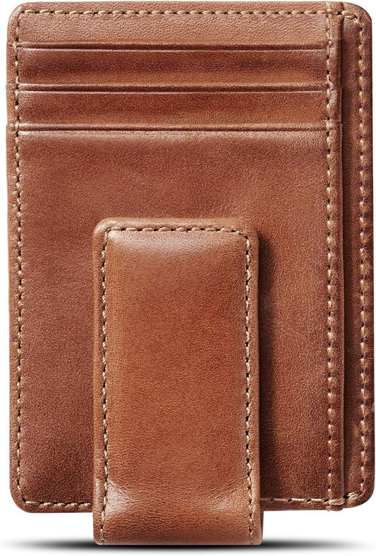 House of Jack Co. Carryall Slim Money Clip Wallet for Men, Strong Magnetic Clip, Front Pocket Wallet Card Holder, Full Grain Cowhide Leather,Tan