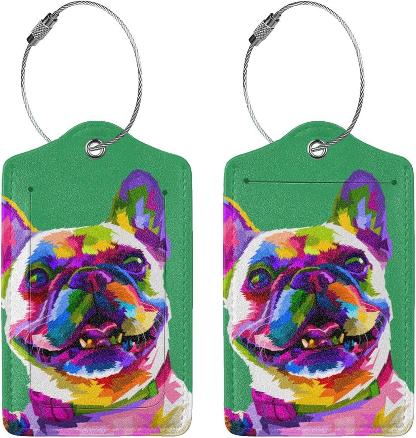 Cute French Bull Dog Luggage Tags for Boys Girls Adults, Set of 2 Stylish Art Colors Animal on Green Background Leather Stainless Steel Loop Label Tag for Travel Bag Suitcase