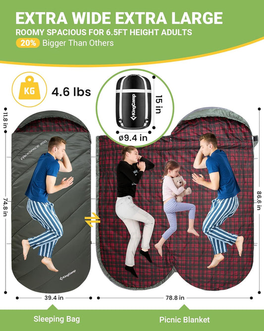 KingCamp Sleeping Bag for Adults, Cold Weather & Warm Extra Wide Big & Tall XL Portable Waterproof Flannel Sleeping Bags, Essentials Gear Accessories for Camping Backpacking Hiking Indoor & Outdoor