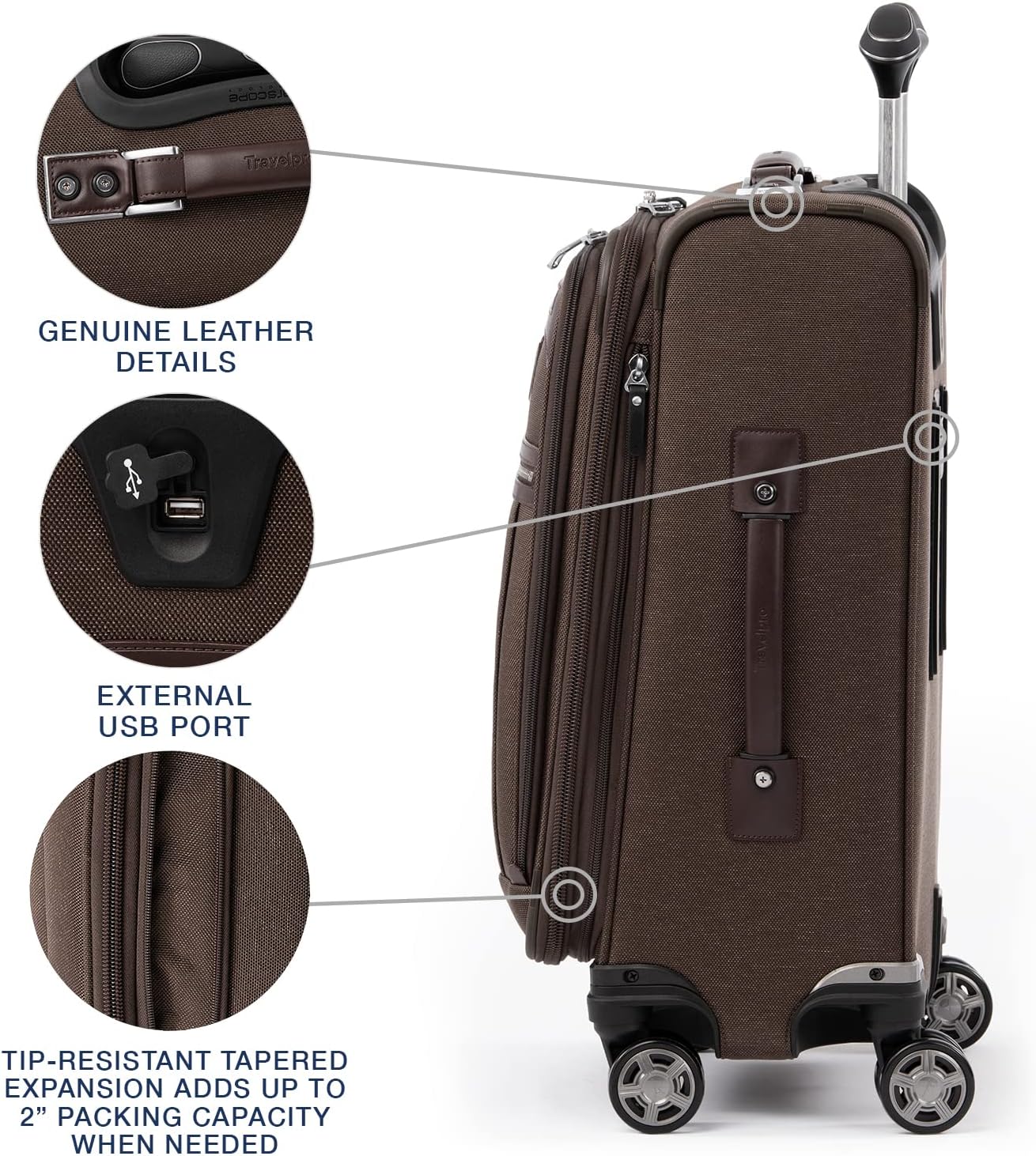 Travelpro Platinum Elite Softside Expandable Carry on Luggage, 8 Wheel Spinner Suitcase, USB Port, Suiter, Men and Women, Rich Espresso Brown, Carry On 21-Inch