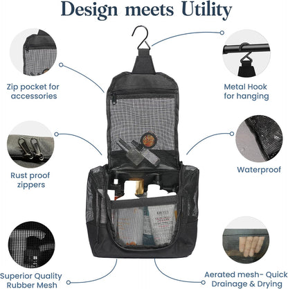 The Fine Living Co. Portable Hanging Shower Caddy Organizer Bag (Free Toiletries Case+Metal Hook) Quick Dry Mesh Shower Caddy Tote Bag Pouch For Bathroom College Dorm Camp Gym Camping 10”x4”x8”(Black)