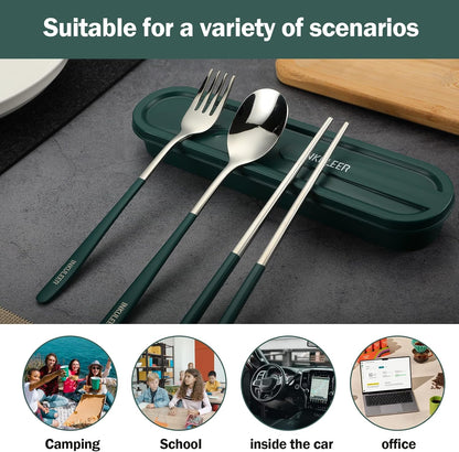 Travel cutlery set, 18/8 stainless steel cutlery, Reusable utensils set with case, Portable Silverware Lunch Box for Camping and Office(Green)