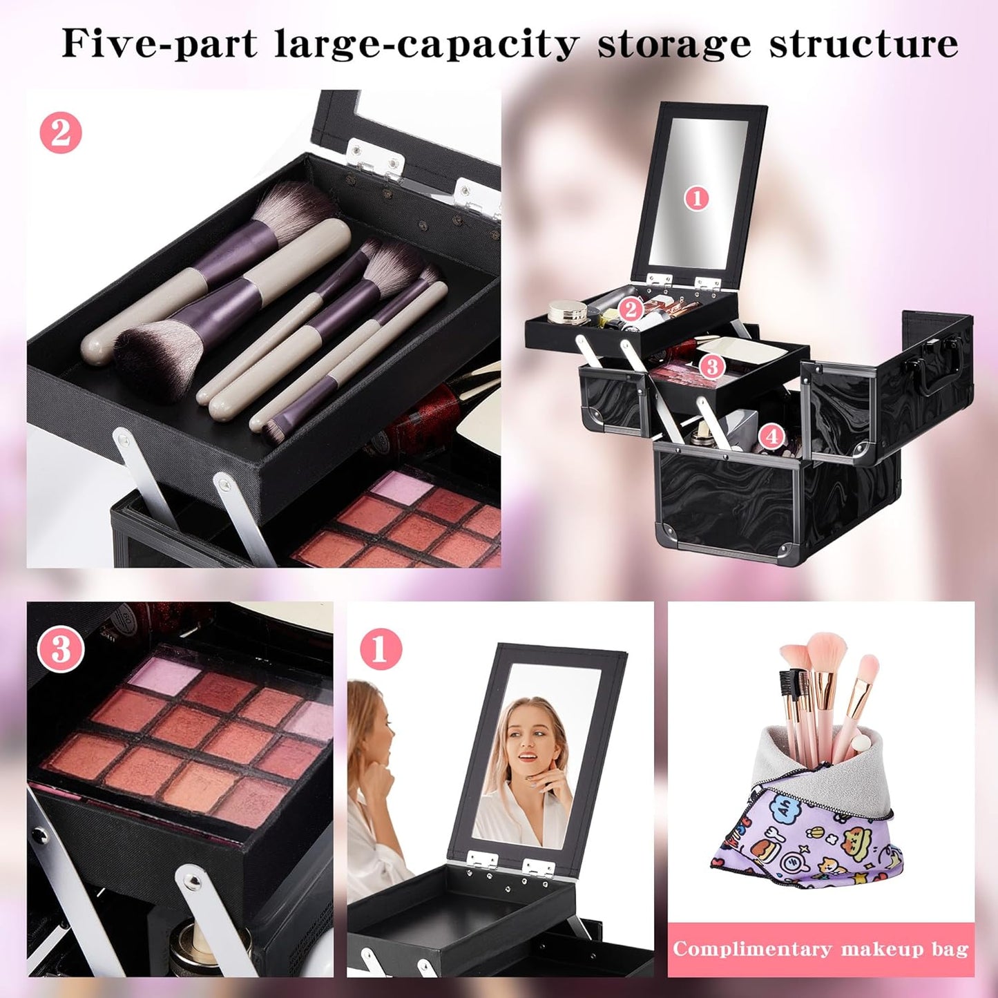 Makeup Train Case, Portable Makeup Case with Mirror, 2-Trays Cosmetic Organizer Case,Nail Polish Organizer, Travel Makeup Box, Profesional for Salon Barber, Pattern Black