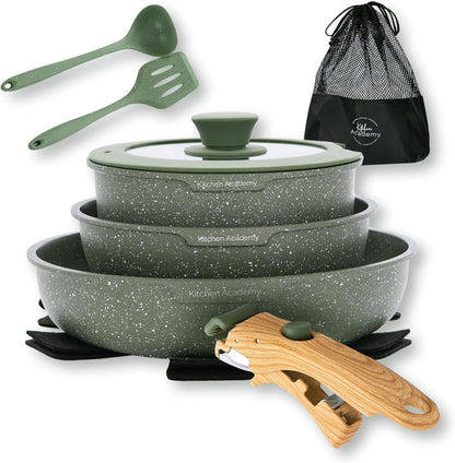Kitchen Academy Removable Handle Pots and Pans Set - 10 Pieces Green Cookware Set with Removable Handle, RV Induction Cookware Set for Camp