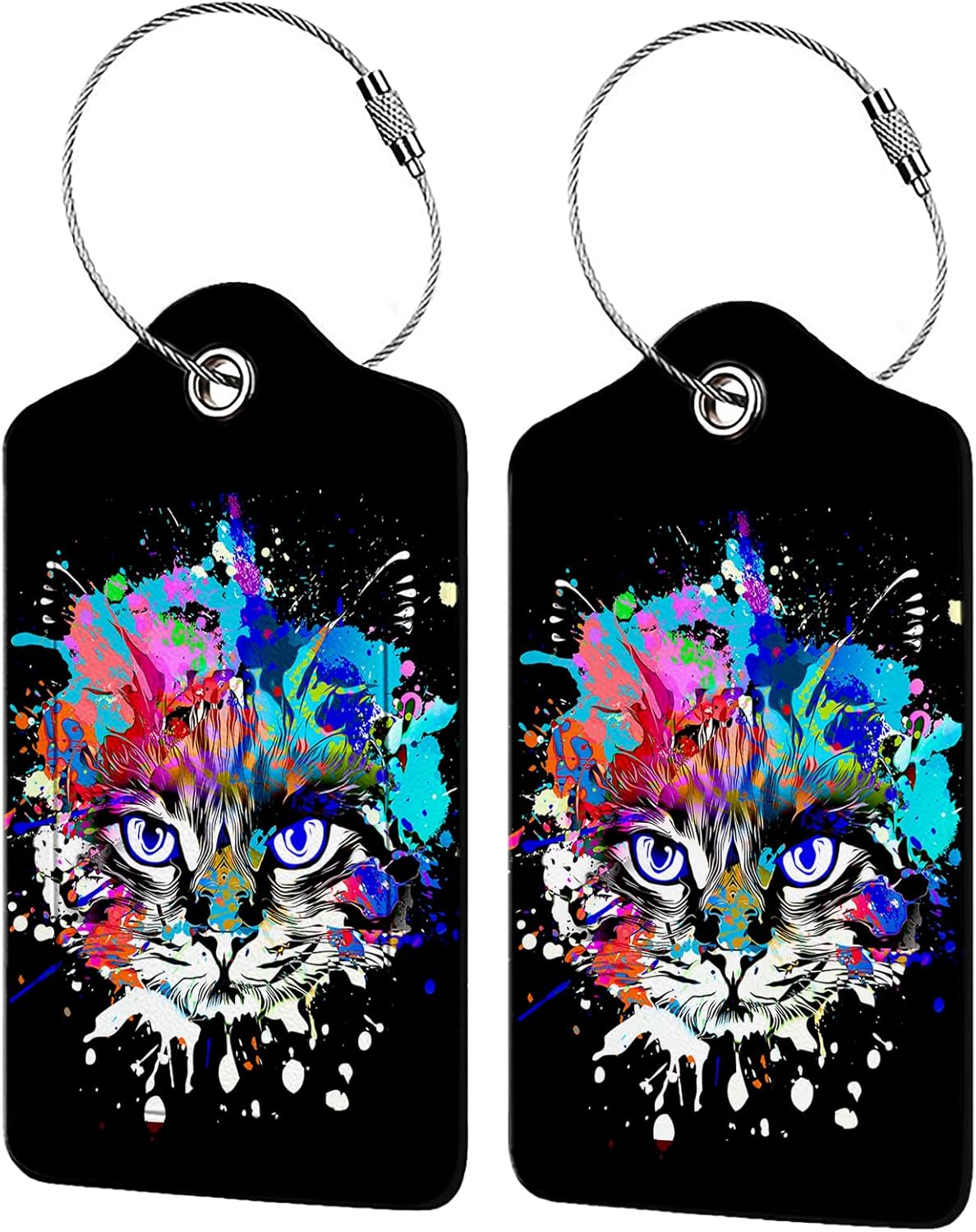 Colorful Cat Head 2 Pack Luggage Tag for Suitcase, Leather Bag Tags Identifiers Privacy Cover ID Label with Steel Loop for Women Men Kids Girls Travel
