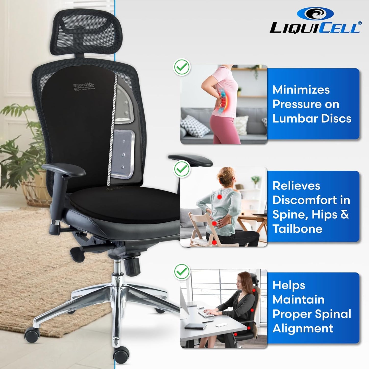 Lumbar Support Pillow for Office Chair, Car, Driving Seat, Auto, Lower Back Pain | Great Back Support with Liquid Filled Membranes | Small Size, (18" W x 18”x 1.5”)