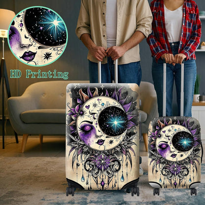 Luggage Protector Plus 1 Luggage Tag, Gothic Moon Face Travel Case Cover for 26-28 inch Suitcase with Elastic Dustproof, Scratch Resistant Concealed Zipper