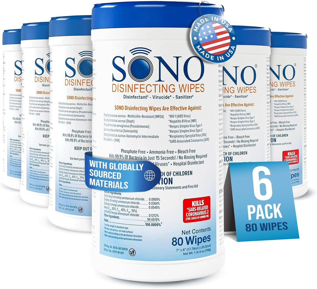 SONO Disinfecting Wipes - Alcohol-Free, No Bleach, Medical-Grade I Multi-Surface Cleaning for Home, School, Office I Gentle on Electronic Devices I Everyday Use I 480 CT (Canister of 6)