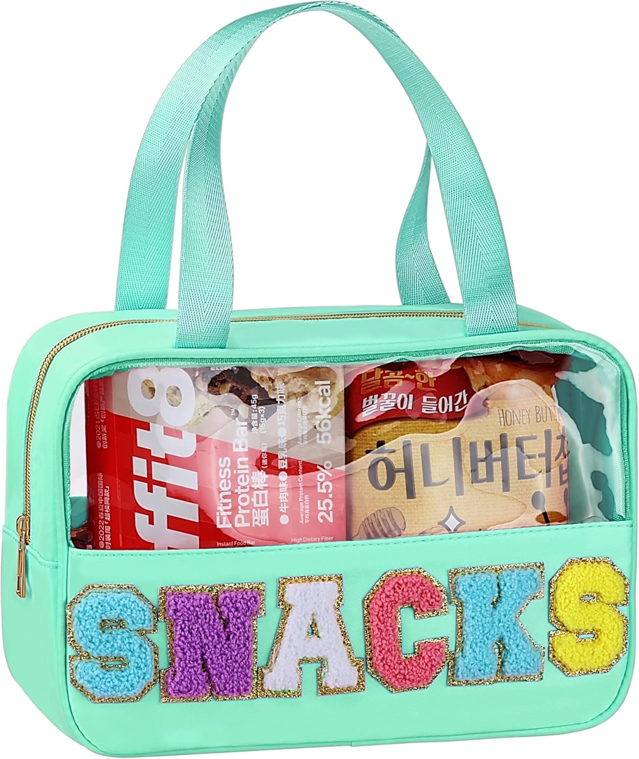 Snack Bag for Travel - Chenille Letter Clear Makeup Bag, Large Preppy Patch Snack Cosmetic Bag with Handle and Zipper, Cute Makeup Pouch Nylon&PVC Waterproof Toiletry Organizer Storage for Women Girls