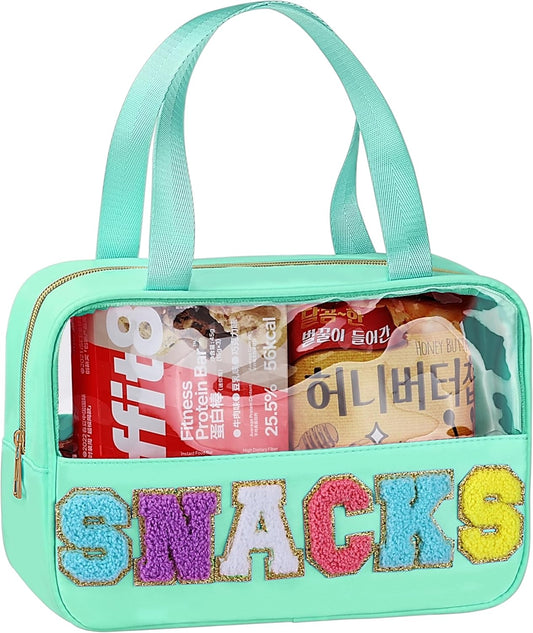 Snack Bag for Travel - Chenille Letter Clear Makeup Bag, Large Preppy Patch Snack Cosmetic Bag with Handle and Zipper, Cute Makeup Pouch Nylon&PVC Waterproof Toiletry Organizer Storage for Women Girls