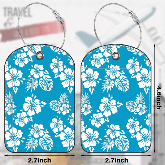 2 PCS Leather Luggage Tags for Suitcase Blue Hibiscus Travel Luggage Tag with Privacy Flap Name ID Label and Metal Loop for Travel Bag Suitcase