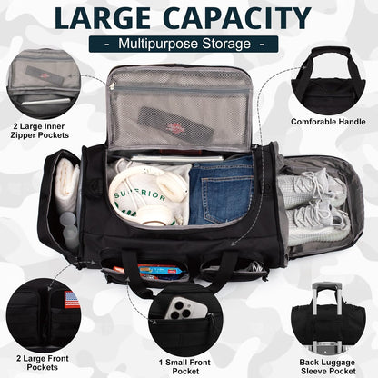 Tactical Gym Bag for Men，70L Large 3 in 1 Sports Duffle Bag with Shoes Compartment for Travel,Water Resistant Travel Backpack Weekender Overnight Bag with Wet Pocket for Women