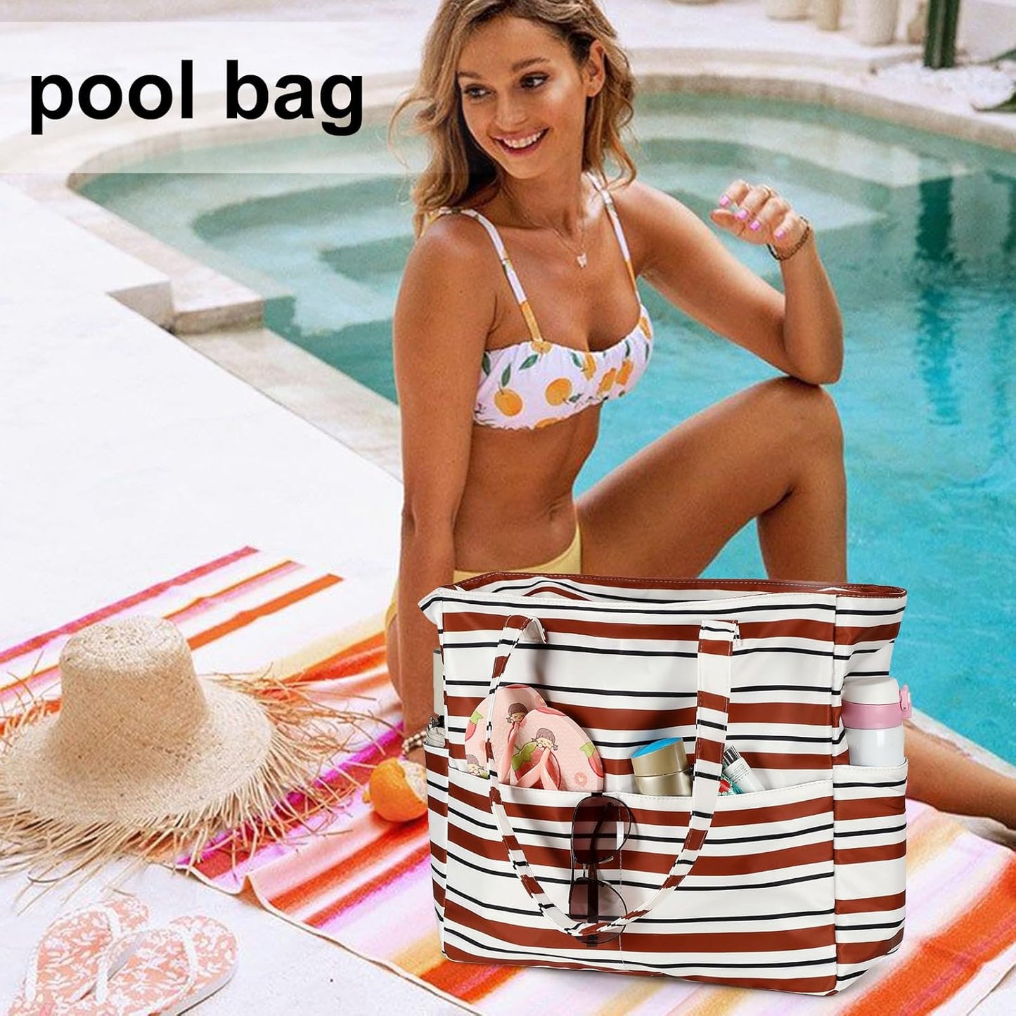 LEDAOU Large Beach Tote Bag Women Waterproof Sandproof Zipper Beach Tote Bag for Pool Gym Grocery Travel with Wet Pocket