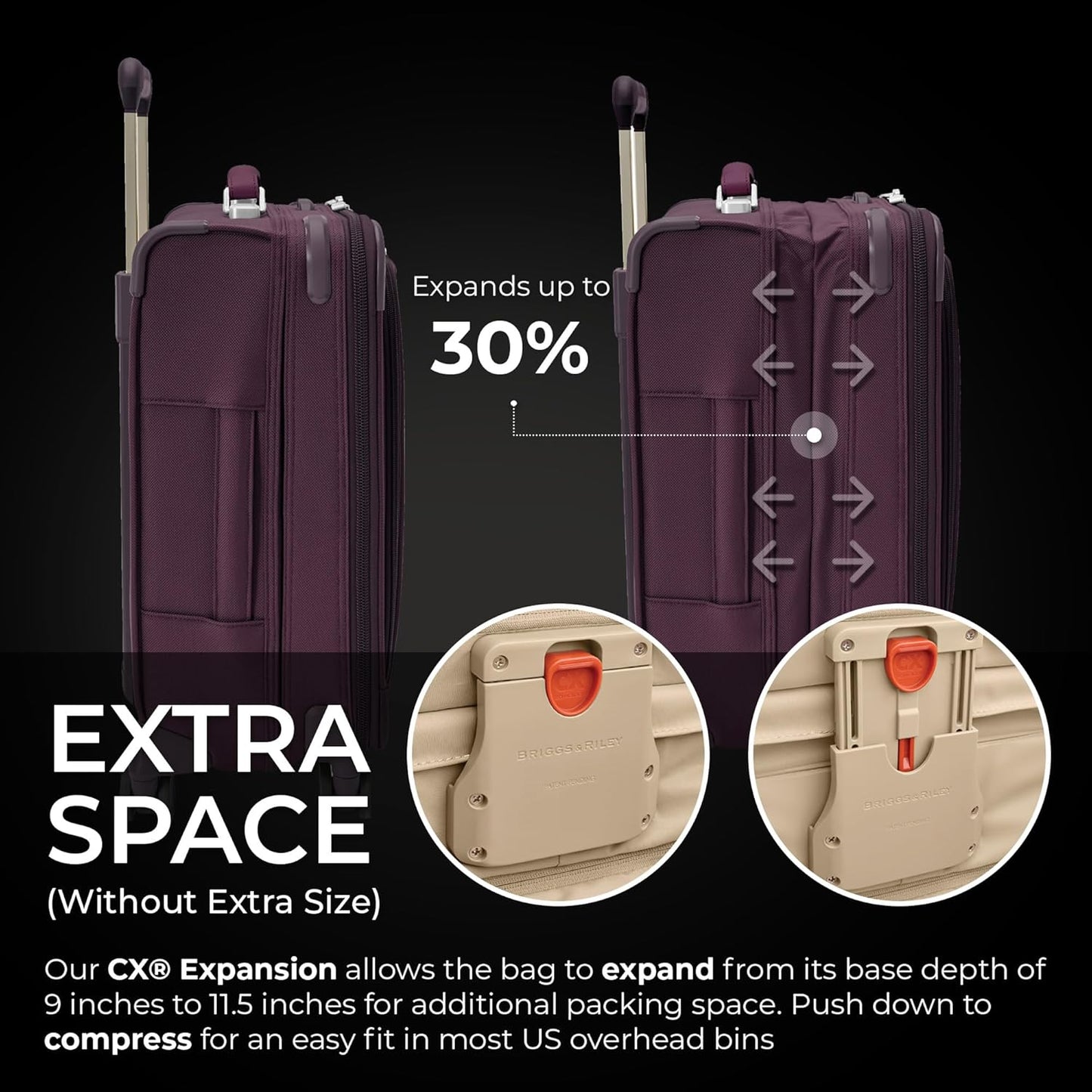 Briggs & Riley 21" Global Carry On Expandable Spinner - Luggage for International Travel, Suitcases with Wheels, Softside Rolling Bag for Men & Women, Self-Repairing Zipper - Baseline Collection, Plum