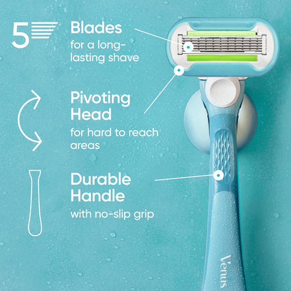 Gillette Venus Extra Smooth Razor for Women, Includes 1 Reusable Razor Handle + 4 Refills, 5-Bladed, Ergonomic No-Slip Gel Handle and Shower Holder