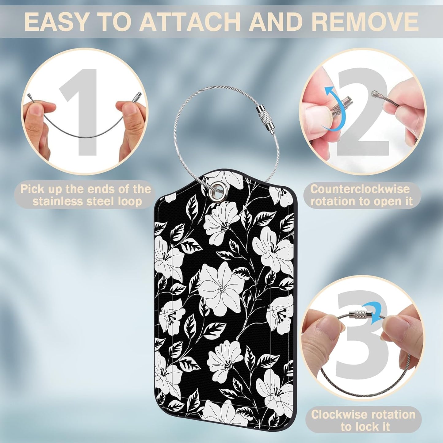 2 Pack Luggage Tags for Suitcases Black Flowers and Leaves Leather Luggage Tags Privacy Cover ID Label with Stainless Steel Loop and Address Card for Women Men Travel Bag Backpack