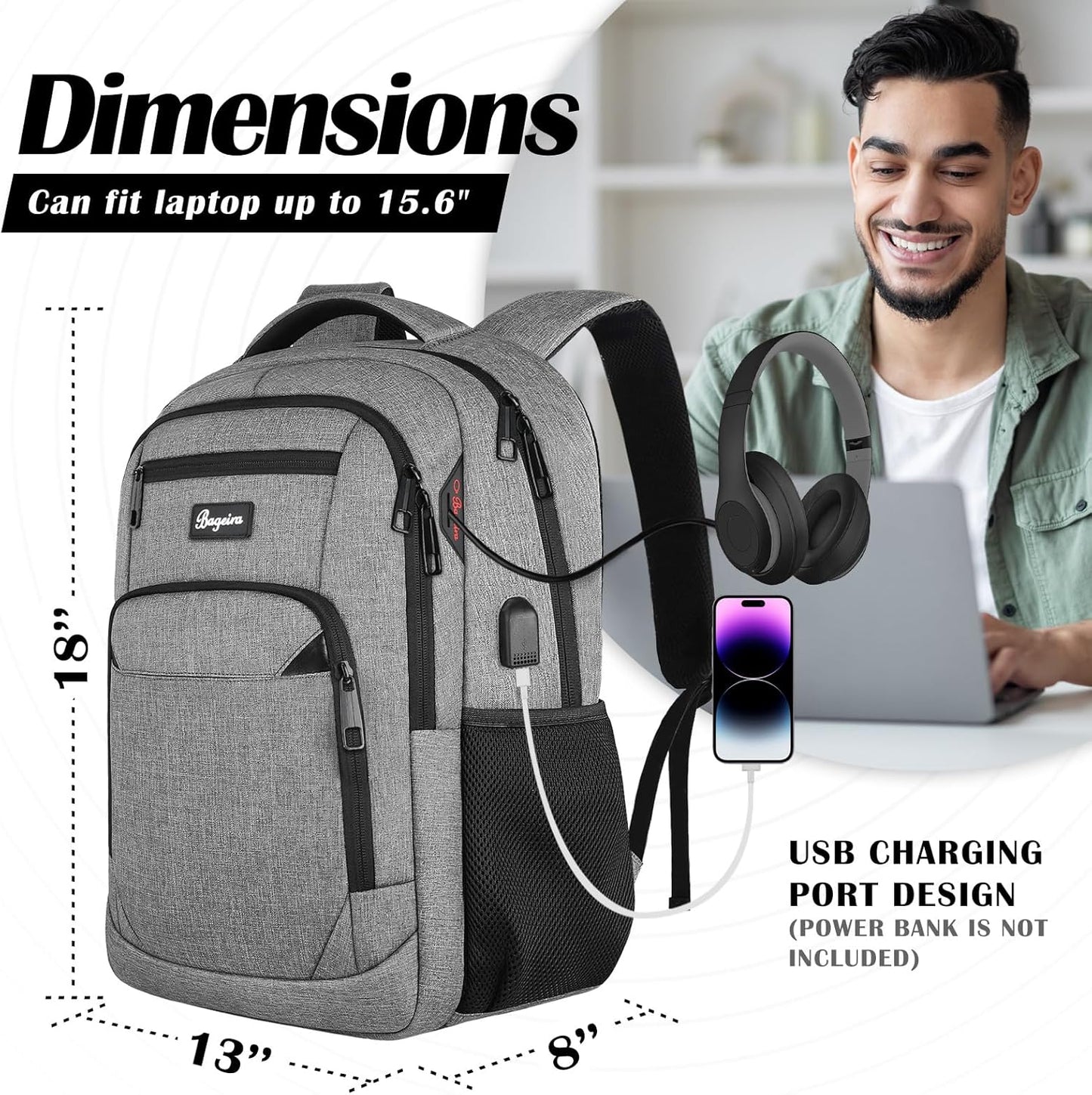 Travel Laptop Backpack for men women, School Backpacks for teen boys 15.6 Inch Durable Water Resistant Anti Theft Bookbag with USB Charging Port, College High School Business Computer Bookbags, Grey