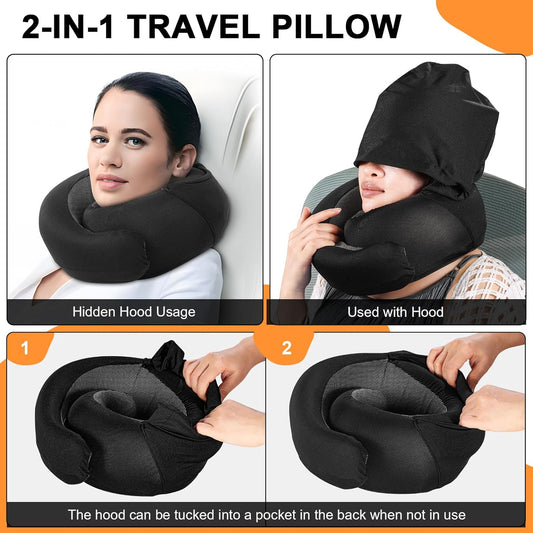 Travel Pillow - Hooded Neck Pillow Airplane Memory Foam Filling for Plane, Office, Cars Sleeping, Road Trip, Long Flights, Portable Plane Accessories, Includes Eye Mask & Earplugs (Black)